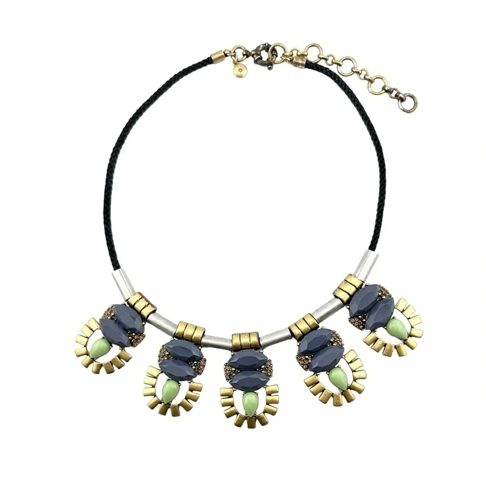 J Crew Necklace, Slate Mint Green w Silver & Gold Tone Metal Slide & Black Cord